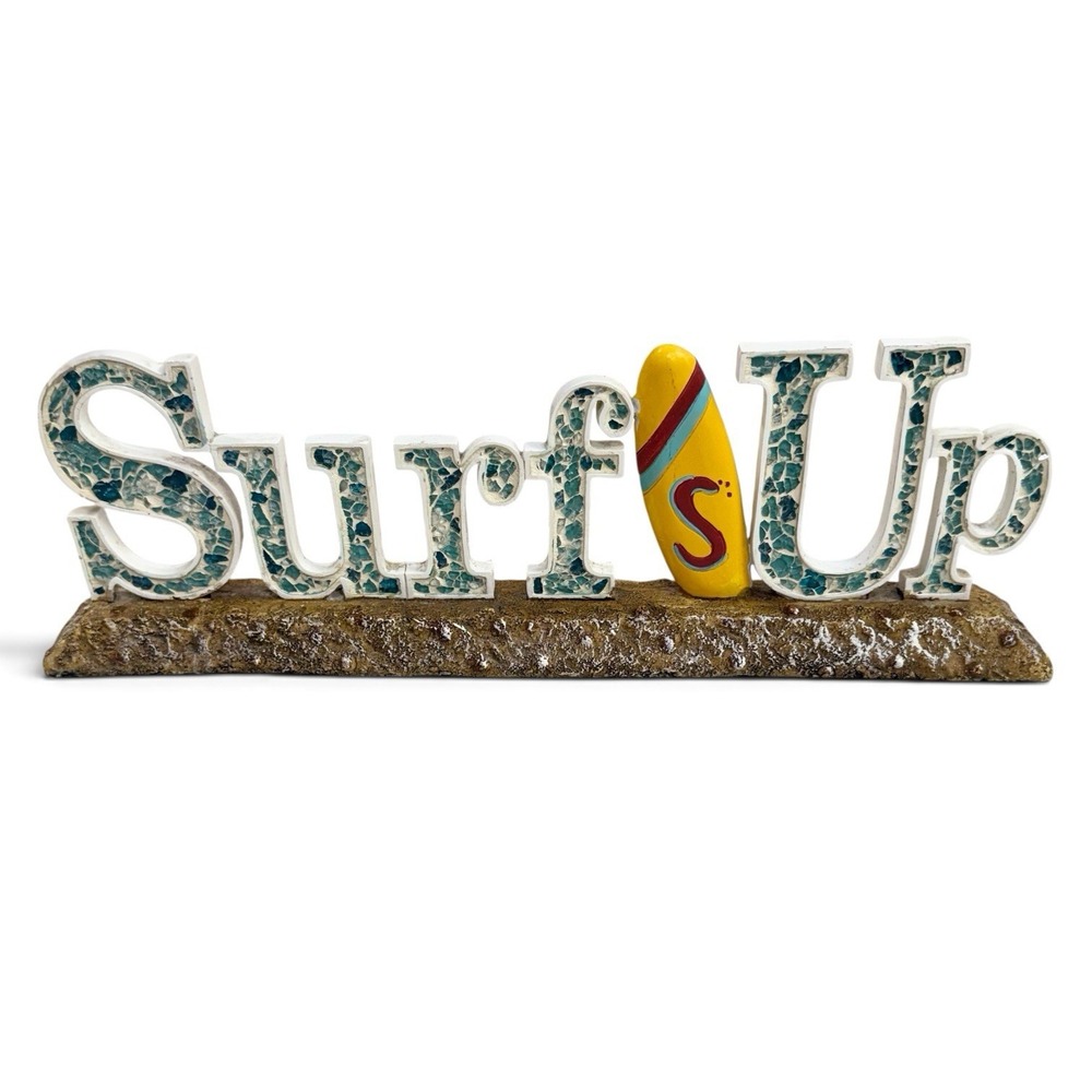 Surfs Up Table Top Sign Mosaic Sea Glass Beach House Vacation Resort Ocean Décor